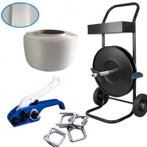 Kit de embalaje con cinta de cordón - Kit flejadora manual CORD 13-19 mm - Cinta compuesta de 16 mm - Carro de embalaje