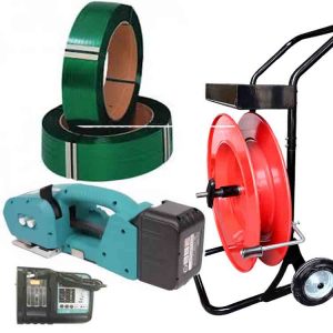 Kit de flejadora de poliéster NEO 9-16mm PET/PP con batería y cargador + cinta PET de 15.5mm - carro de flejado