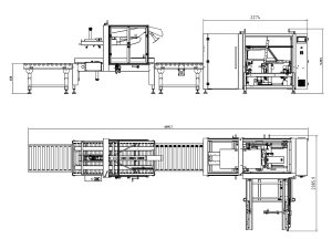 Plano de la línea LINEBOX-03: formadora de cajas, transportador de rodillos y precintadora de cajas en línea
