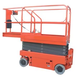 Elevador de tijera eléctrico SMITH AS-X6 bajado, con la plataforma extensible desplegada