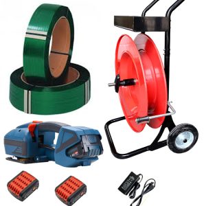 Juego de flejado para batería TES PRO 12-16mm incl. 2x Batería y Cargador + fleje de PP – carro de flejado